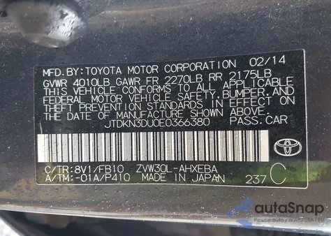 2014 Toyota Prius Two from USA, damaged, VIN JTDKN3DU0E0366380